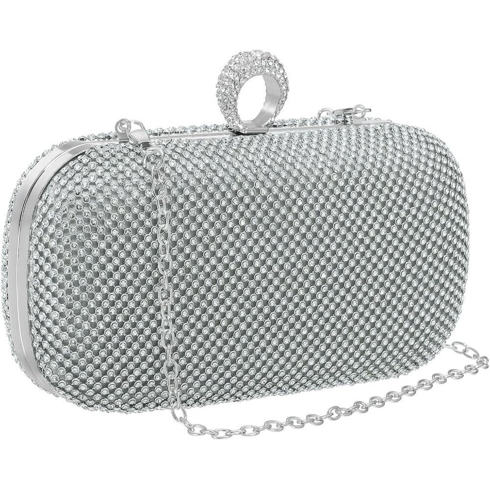 🆕Women Silver Sparkly Rhinestone Evening Clutch Purse Ring Clasp Handbag